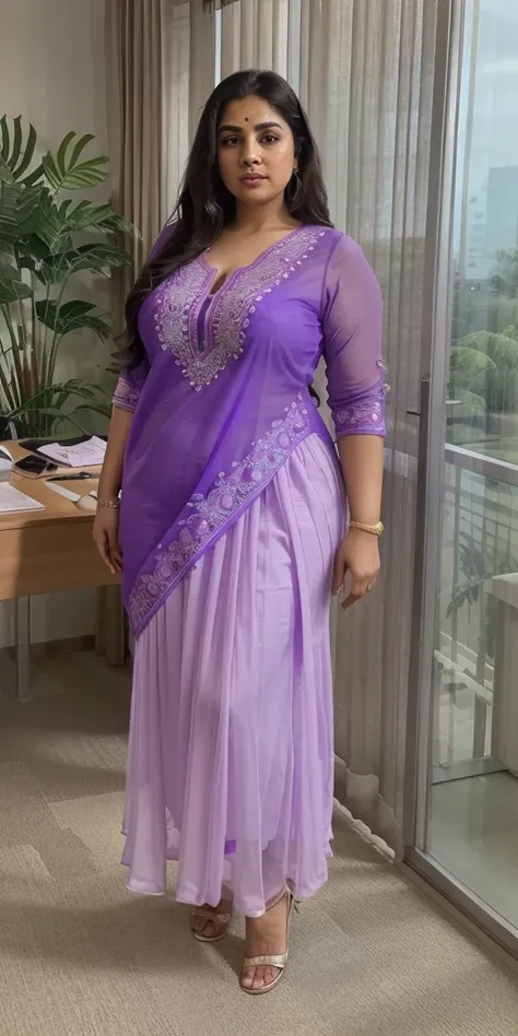 Day scene, A radiant, full-figured South Indian 3 aunty a light purple colour chiffon fully transparent kurta, bra visible through kurta, ,standing, in a office captured in a full-body image with vibrant hues and meticulous details. Full body image