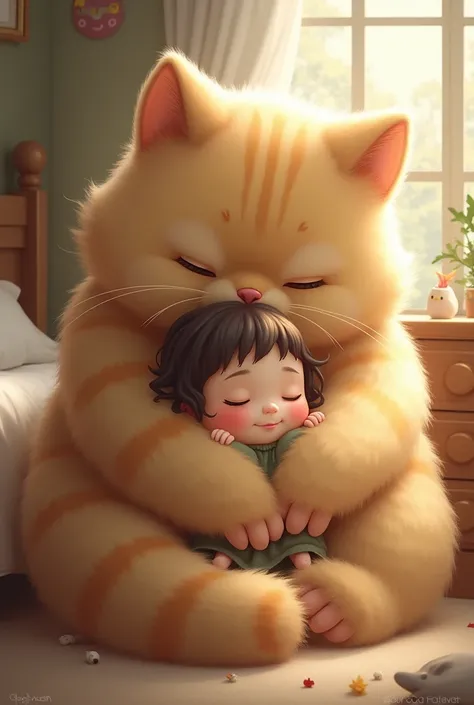 A huge fluffy cat hugging a little kid whos sleeping in the cats arms