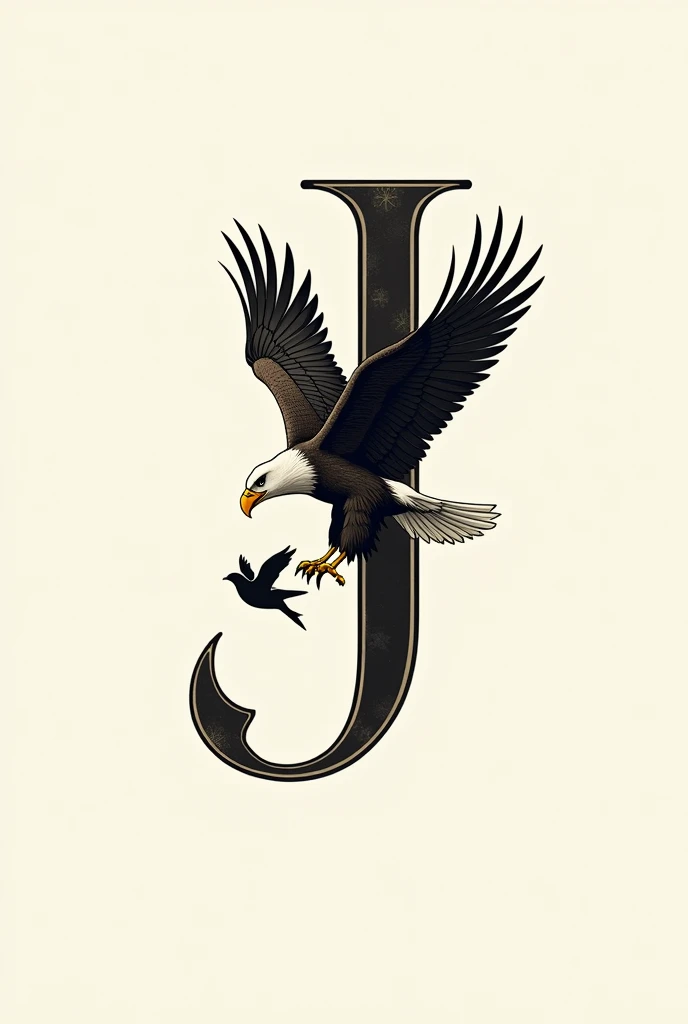 Help me create an elegant logo with the letter J as the main logo, added with the presence of a mighty eagle that will pounce on its prey, namely a chick..