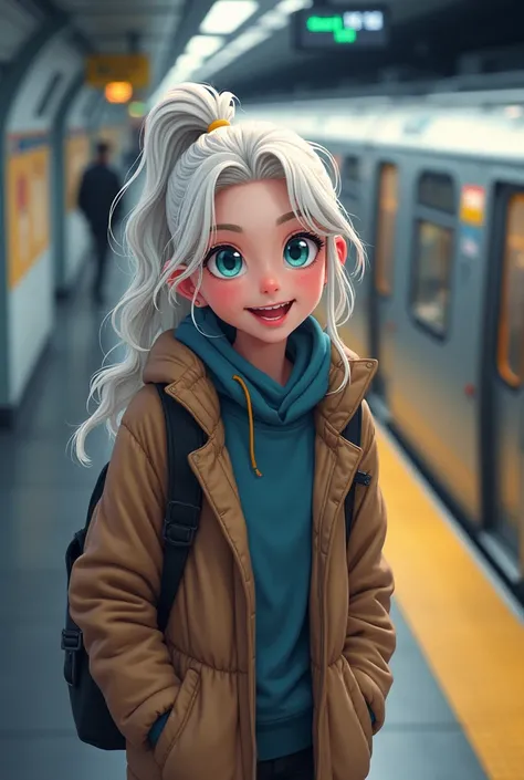 high angles , of a young European teenager of , long, slightly curly -white hair, tied in a ponytail, turquoise blue eyes, no make-up. average and athletic build, 1m72, she is wearing winter street wear clothes,expression of joy, she is on the metro platfo...