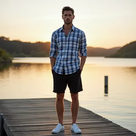 A white man, aged 36, model type, with short dark hair, with clear eyes, wearing a blue and white checkered shirt, Black shorts, tennis, on top of a pier on a lake in Alentejo, at daybreak.