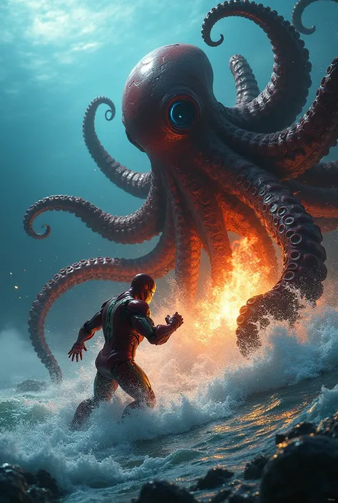 Iron man attack Fire octupus in sea
