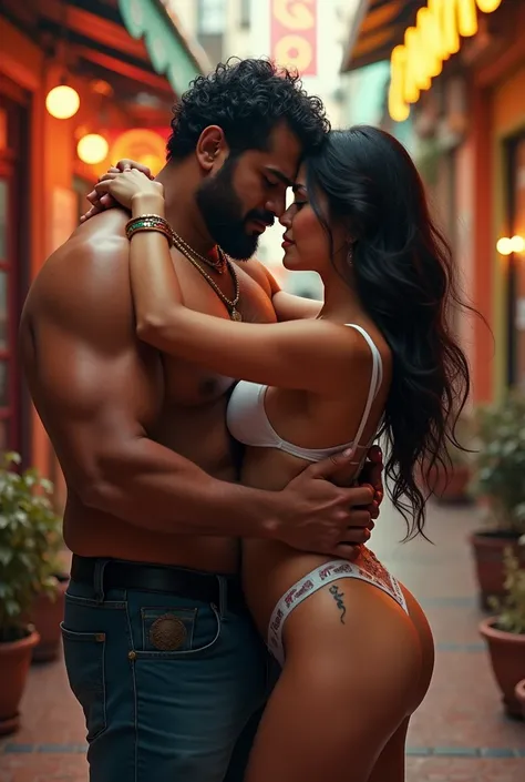 A fat indian man kissing a short big booty latina milf in a very tight revealing thong in a Mexican store with a man watching in the corner