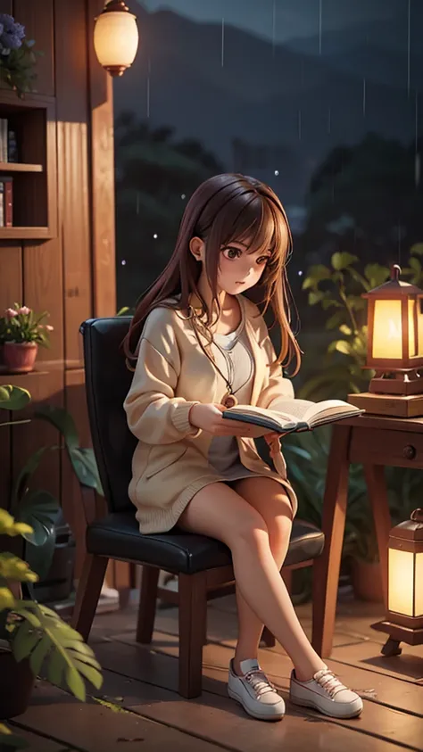 Make a picture of a beautiful girl in her 20s, casual, wearing earphones, sitting on a chair by the window, reading a book with a lantern, outside the house it is raining heavily and the lights are out