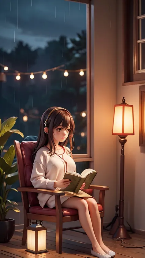 Make a picture of a beautiful girl in her 20s, casual, wearing earphones, sitting on a chair by the window, reading a book with a lantern, outside the house it is raining heavily and the lights are out