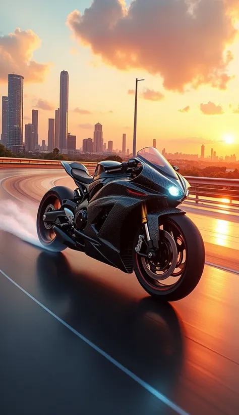 Visualize a high-tech super bike speeding down an open road at sunset. The bike, made from carbon fiber, has a sleek, aerodynamic design, with a glossy, reflective surface. It’s reaching speeds over 200 mph, with its electric motor exposed to highlight its...