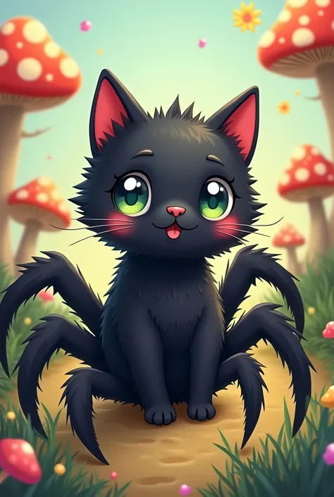 an image of a cute black spider cat cartoon style