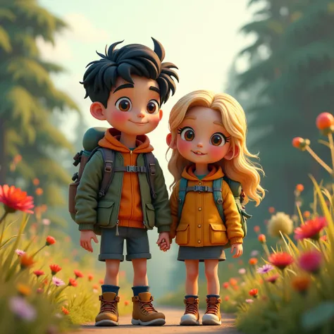 couple in outdoor, black hair male, blonde hair female, jacket and backpack, 3d cartoon, a text written BRE & NDA, fantasy art, masterpiece, cinematic lighting, 4K, high definition, extreme detail