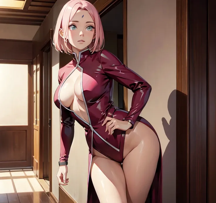 sakura haruno, ful dressed, Exposed leg, maturebody, beautiful  face, sultry posing, big buttocks, illustration, high resolution, ultra detali