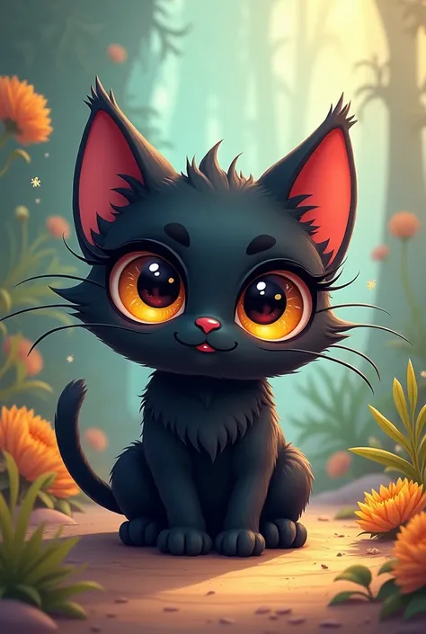 an image of a cute cartoon style black spider cat with spider eyes 