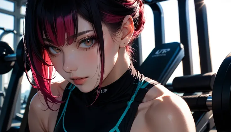 High resolution, masterpiece, Highest quality, Ultra high definition, ２Colored Hair, Slim body, One person, solo, Beautiful Face, Close-up, workout