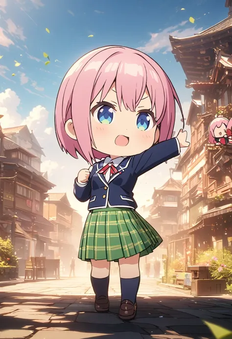 (Highest quality, 4K, 8k, High resolution, masterpiece:1.2), Very detailed, Picturesque, Animated Photography, Photo Animation:1.37)、Japanese schoolgirl、(Pink Hair)、(short hair)、(chibi:1.4),white shirt、Yellow-green checkered skirt,(high scool uniform:1.2)、...