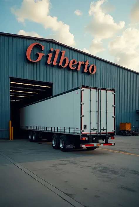 Photography in better quality, ((masterpiece))
A beautiful trailer leaving a factory, The factory has the name Gilberto in big letters and the trailer too, 