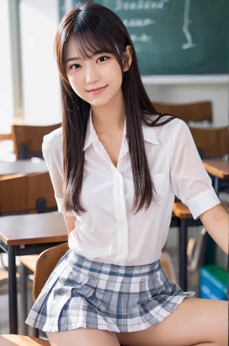 best quality, 8k, very delicate and beautiful, highly detailed face and skin texture, shiny skin, high resolution, sexy japanese girl in white shirt and short plaid skirt in classroom with smile, sharp focus