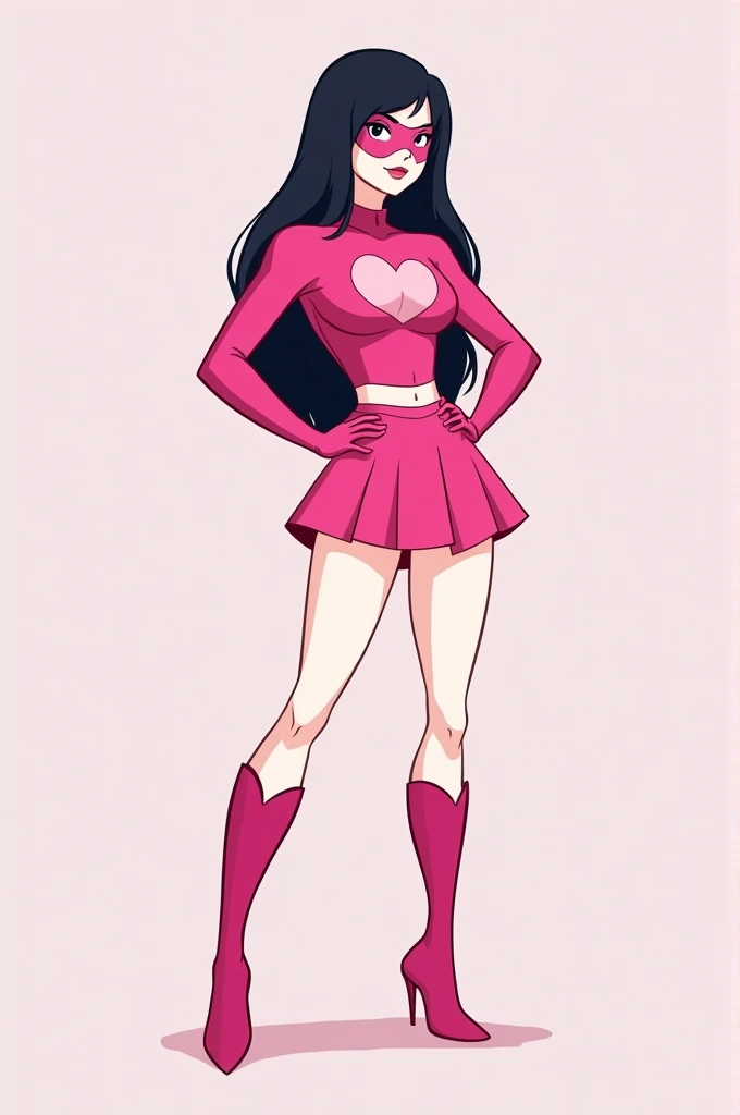 A superhero in a pink suit consisting of a miniskirt and a heart-shaped tight top that accentuates her figure with knee-high pink heeled boots and a pink mask. Her physical appearance is thin with a small waist, a medium bust and attractive legs white skin...