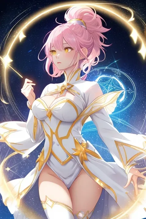 Adult woman, white and gold magical clothing, fluttering clothing, slender thighs, casting a spell, glowing magic circle, shining stars, pink hair, ponytail, blue light, gazing at you, yellow eyes