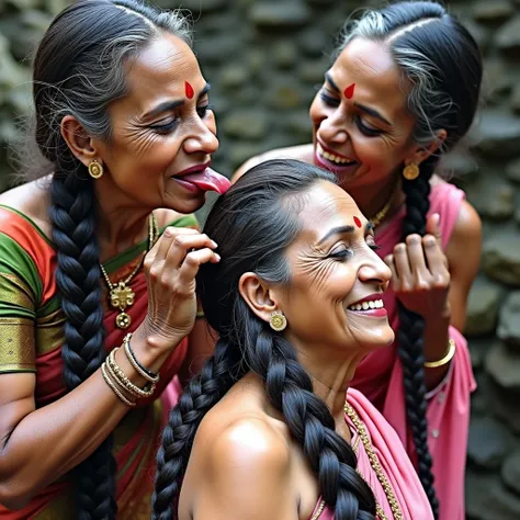 In india naga temple,total 3 india eldery ladies involving and licking their hairs of each others wildly,First 60 years old eldery indian lady kneeled with her oil smeared conrowed braided hair wears saree with out blouse,Second 60 years old lady from behi...