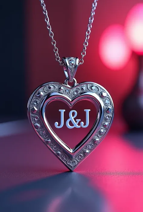 (3D unique necklace), elegant beautiful heart pendant,  with J&J Between the Heart, smooth curves and intricate detailing, shimmering metallic finish, soft shadows playing over the surface, vibrant color accents, ultra-detailed, luxurious, suitable for jew...