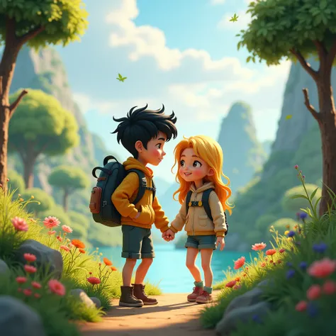 couple in outdoor, black hair male, blonde hair female, jacket and backpack, nature theme, a text written BRE & NDA, 3d cartoon, fantasy art, masterpiece, high definition, extreme detail, cinematic lighting, 4K