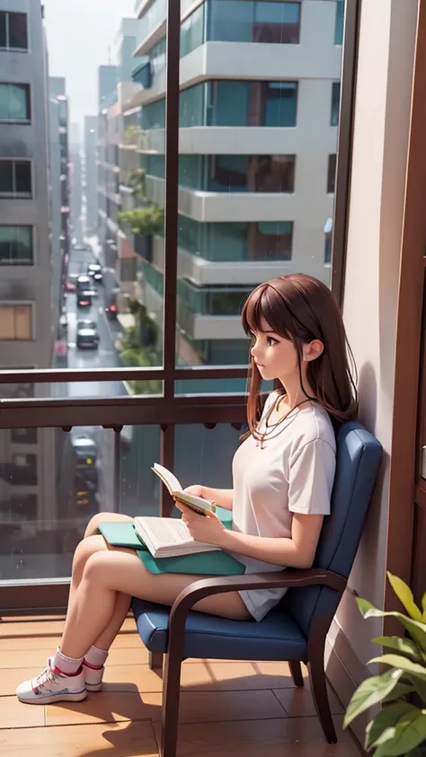 Make a picture of a beautiful girl in her 20s, casual, wearing earphones, sitting on a chair next to the window, reading a book, on the 2nd floor, in an urban environment. Outside the house it is raining heavily. Side view