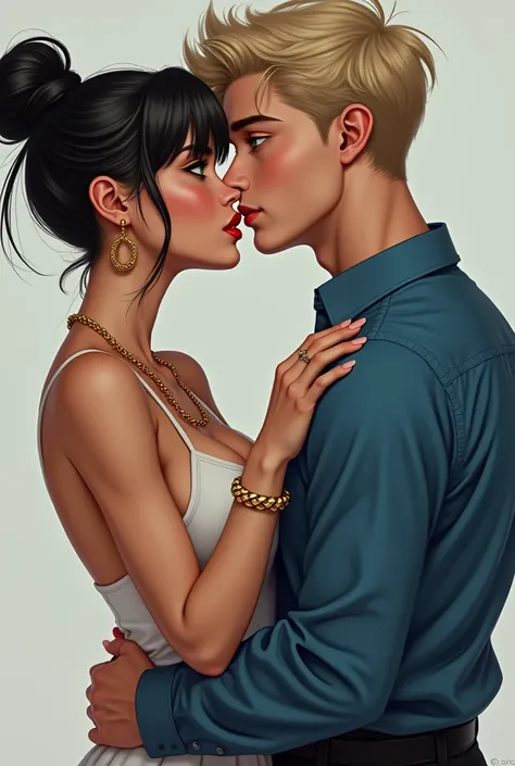 Raise a beautiful young adult,greeneyes,very straight black hair tied up in a bun ,red lipstick highlighted nose, lifelike face,wearing gold earring and chain kissing a young adult boy blond short straight hair,greeneyes,stark ,athletic body ,tall white,we...