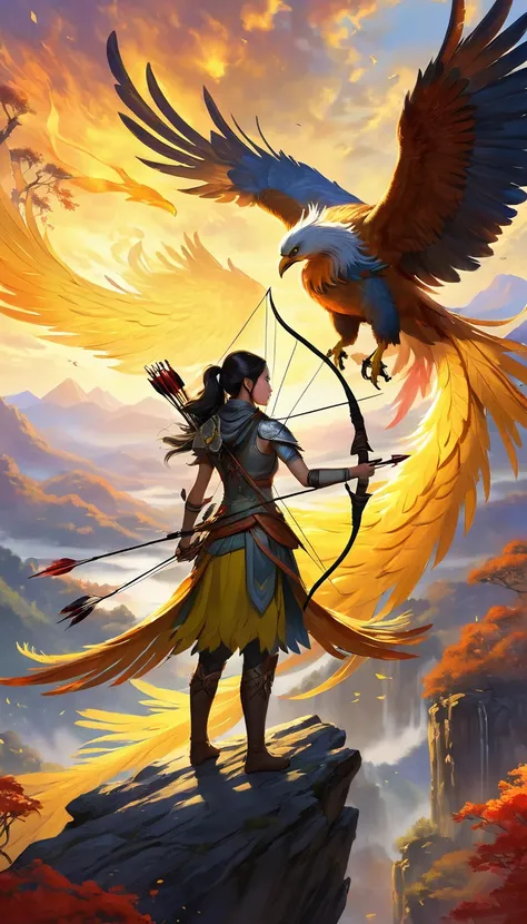 Woman and big bird painting、Hunters hold their bows and arrows、　Archer、A glowing phoenix in the distance、depth、Spectacular Background、Fantasy、