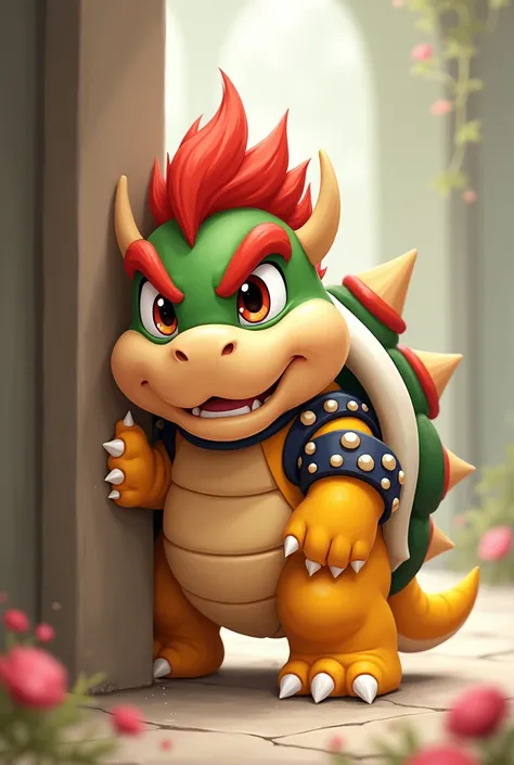 Baby Bowser with cute face behind the princess 