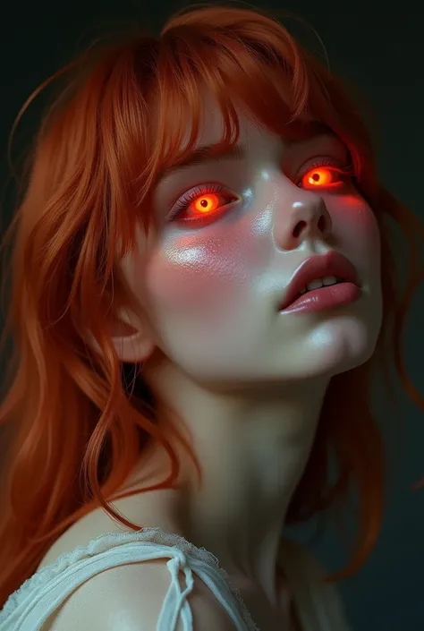 1 girl, star eye, blush, perfect lighting, Red hair, Red eyes, unreal engine, side lighting, detailed face, hits, shiny skin, simple background, dark background