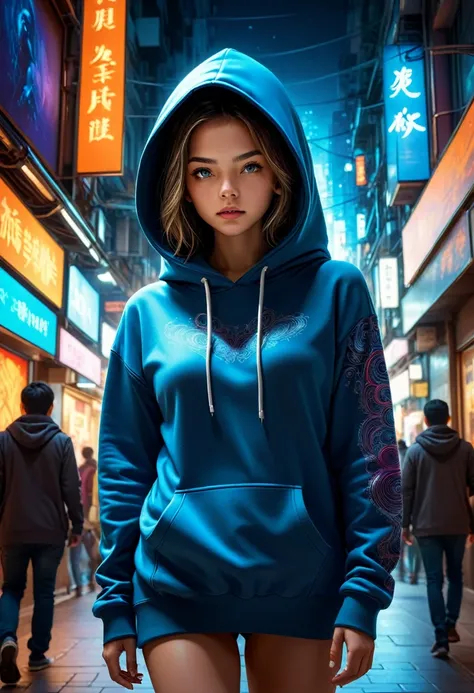 A girl in hitech I.T room starring at the monitor where an image of a young man wearing hoodie walking in a busy street emerge from it, iconic stance, dramatic shadows, dramatic lights, interlacing elements, front view, fantasy art, two tones, digital mani...