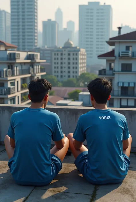 sitting on rood of a building playing pubg with his friend and both are wearing blue shorts and addidas tshirt and both have a name haris and yousaf
Where are there names make them realistic and show from top