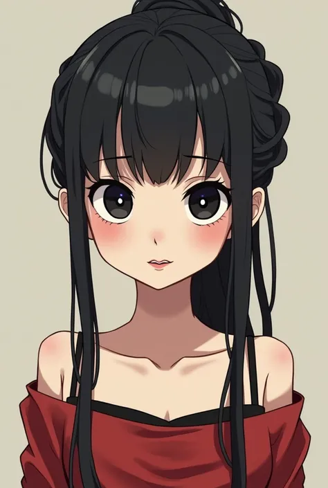 Create a white girl with glasses, slim, with long black hair tied up with a red shirt that reveals her shoulders and the strap of her black bra comes out over her shoulders and gives her black button eyes like Caroline anime version and smiles with thin re...