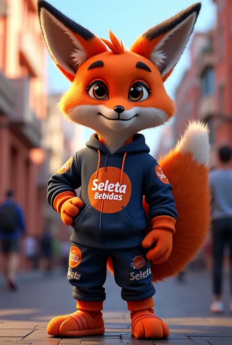 Fox animal mascot with cool uniform that says Seleta Bebidas 


