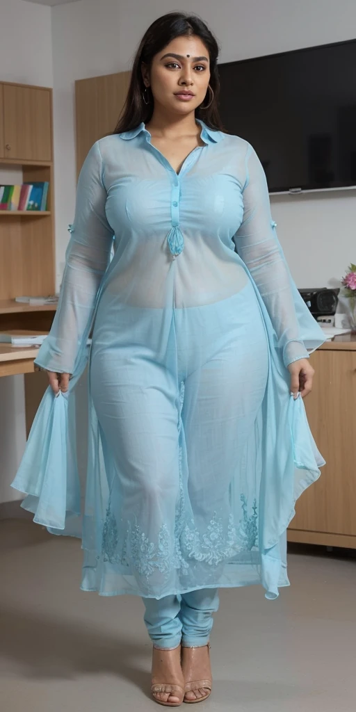 Day scene, A radiant, full-figured South Indian 3 aunty a light blue colour chiffon fully transparent kurta, bra visible through kurta, ,standing, in a office captured in a full-body image with vibrant hues and meticulous details. Full body image