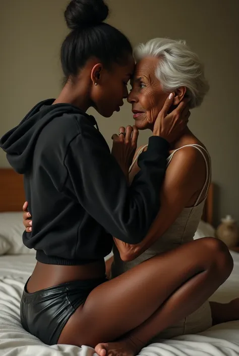 black woman hair in a bun black hoodie   black leather short shorts   a old grandma in a dress  in the bed with her making love and having sex