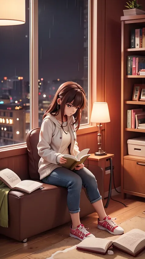 Make a picture of a beautiful girl in her 20s, casual, wearing earphones, sitting on a chair next to the window, reading a book in her room, dense urban environment, heavy rain outside the house, night time, side view