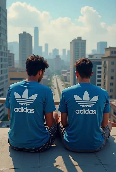 sitting on rood of a building playing pubg with his friend and both are wearing blue shorts and addidas tshirt and both have a name haris and yousaf
Where are there names make them realistic and show from top there names spelling are incorrect