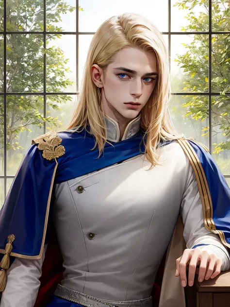 ((Best Quality)), ((masterpiece)), (detailed), 1 man, perfect face, thesis clara, shoulder length hair, middle part hairstyle, completely blonde hair, posing like colonial paintings, background next to a window that overlooks the forest at dawn, blue eyes,...