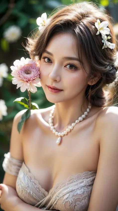 Beautiful elderly woman, cute,sexy,80 years old,,sexy,Wear a pearl necklace, Flowers in her hair, Hair bundle, Holding a small bouquet of white flowers, Posing with flowers, old woman, Super large Large Saggy Soft:1.4, chest, Curly Hair, Big nipples, Matur...