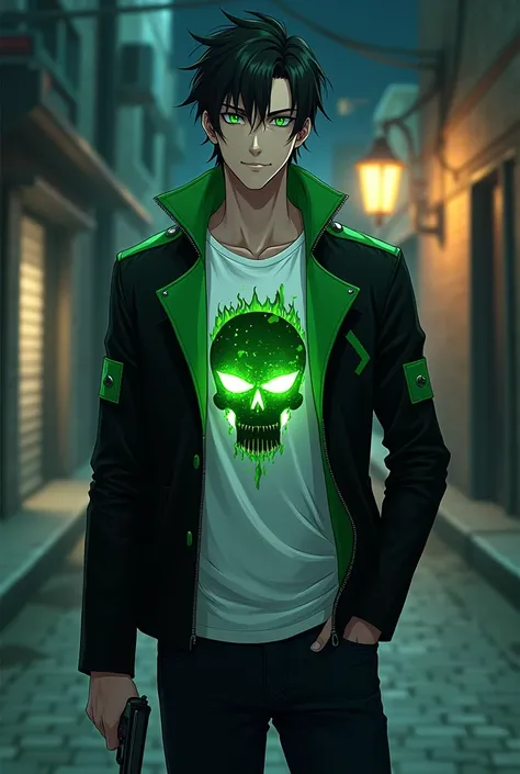 A 1 anime handsome guy with flashy green eyes , a pistol in his right hand , a black fit jacket with green lined on it and a white t-shirt with a picture of skull burning in green flames in the middle of that . black neat hair and a devilish little smile o...