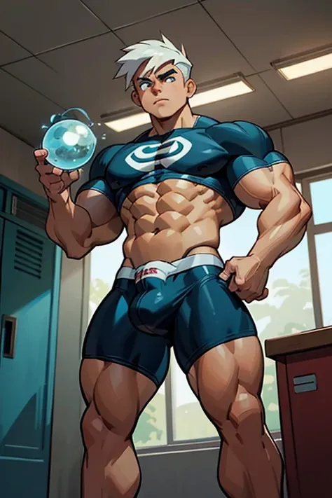 Danny Phantom from Danny Phantom animated tv series as a big dumb muscular bodybuilder jock in a locker room flexing and staring blankly as his eyes glow green under hypnosis as he repeats, "Bigger... Dumber.... Must obey.... More like a jock bro every day...