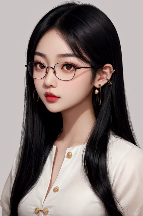 portrait of an asian girl with warm skin looking straight in front with an oval round face, soft dark eyebrows, long straight black hair, big black doe eyes, a soft nose, plump rosy lips, glasses and stud earrings inspired by the image prompt