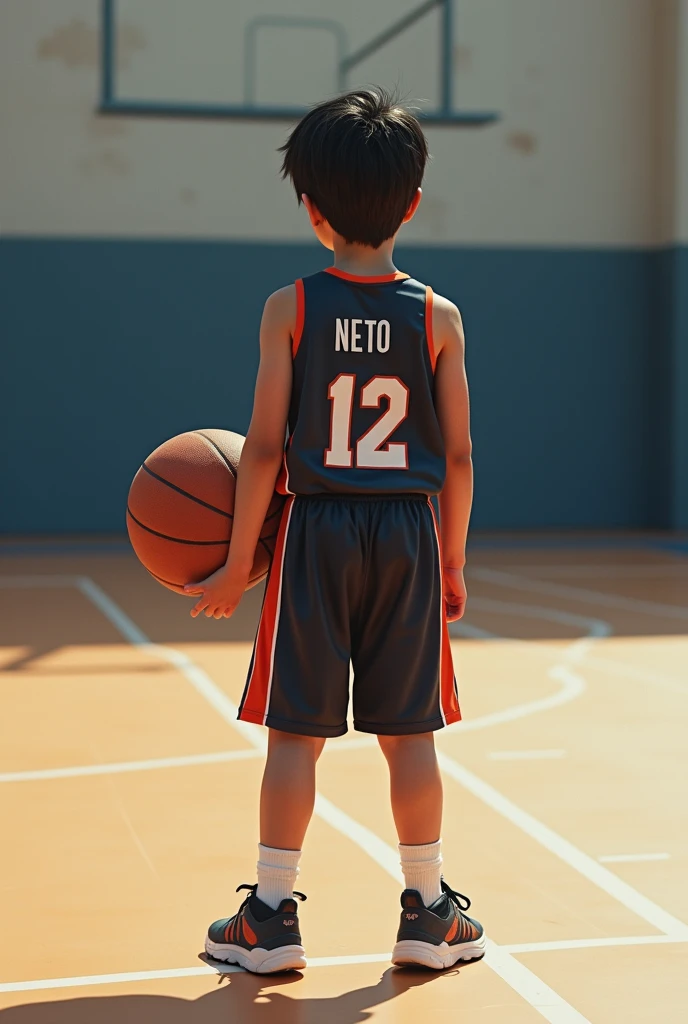 Generates a photo of a  boy,70 on a basketball court , obviously of (backs) that number 12 goes away and that he says Neto as his name , apart from that he has black hair and some sneakers  , that he has a basketball and a basketball uniform as well , The ...