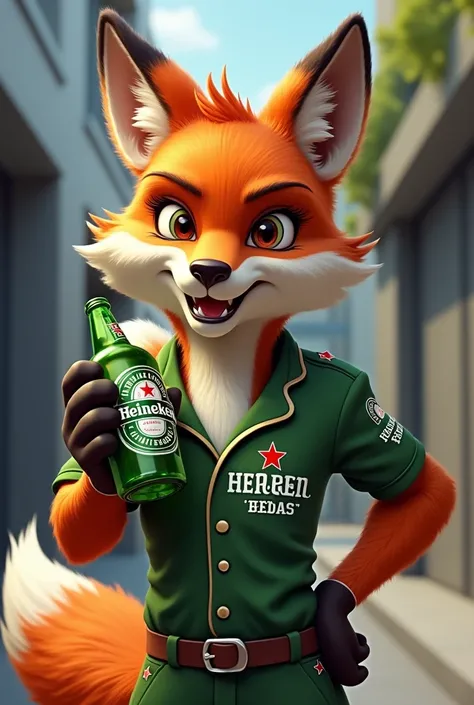 Fox animal mascot drinking a Heineken beer with a cool uniform that says Seleta Bebidas. 


