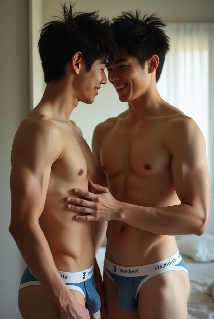 2 hot masculine muscular but skinny teen Asian boys with straight fluffy hair rubbing their dicks together through thin tight white j straps with very big and protruding bulges. They seem to really enjoy this while they stand tall in thr middle of their be...