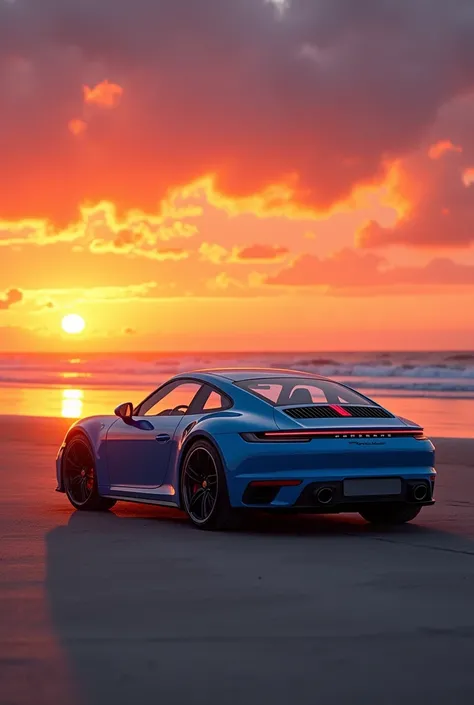 A beautiful , gorgeous sunset , orange and red colour is full of the sky , a blue Porsche, sand