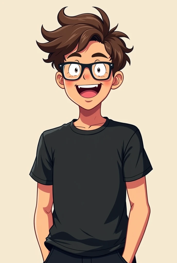 Man with brown hair, black square glasses black outfit nerd happy anime style