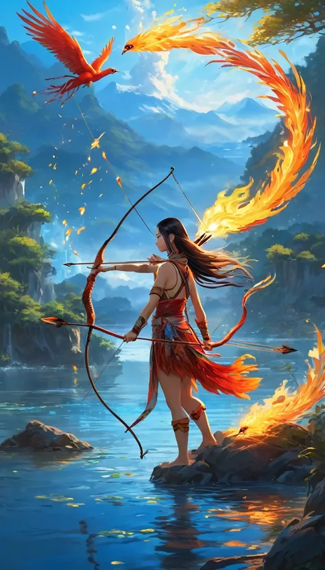 Painting of a water woman and a burning firebird、Hunters hold their bows and arrows、　Archer、A glowing phoenix in the distance、depth、Spectacular Background、Fantasy、