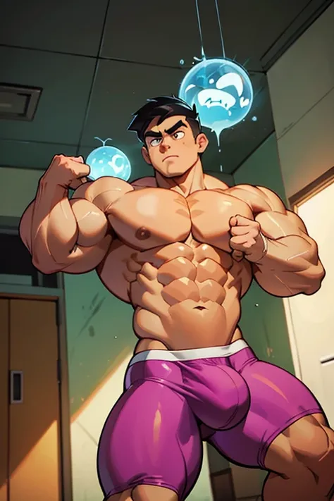 Danny Phantom from Danny Phantom animated tv series as a big dumb muscular bodybuilder jock in a locker room flexing and staring blankly as his eyes glow green under hypnosis as he repeats, "Bigger... Dumber.... Must obey.... More like a jock bro every day...