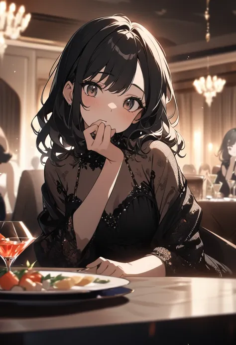 A young and beautiful woman with long black hair and delicate face sits behind a luxurious dining table with a surprised expression and puts her hand to her mouth, luxury cocktail party in the background, bright lighting illustration style, perfect composi...