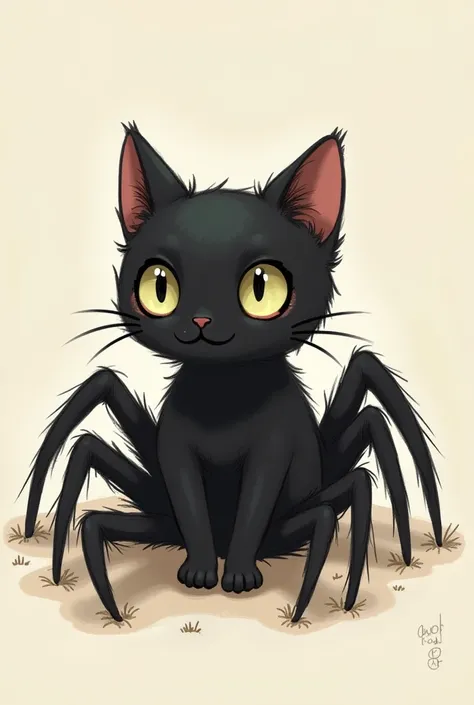 an image of a black spider cat with cute spider eyes in a hand drawn style on the internet 
